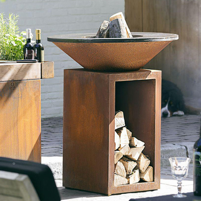 Chiều cao rỉ sét 100cm Hố lửa bằng thép Corten ngoài trời với kho chứa gỗ