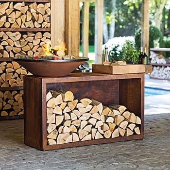 Bàn chữa cháy bằng thép Corten hình chữ nhật đa chức năng với kho lưu trữ nhật ký