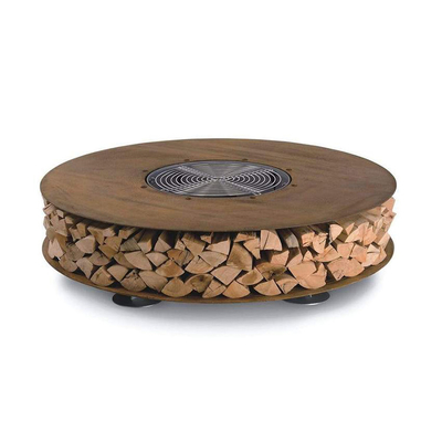 Kho lưu trữ củi tròn bằng thép Corten Đồ nội thất bằng kim loại ngoài trời Giá đỡ bằng gỗ Bàn chữa cháy với ghế