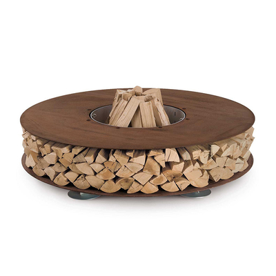 Kho lưu trữ củi tròn bằng thép Corten Đồ nội thất bằng kim loại ngoài trời Giá đỡ bằng gỗ Bàn chữa cháy với ghế