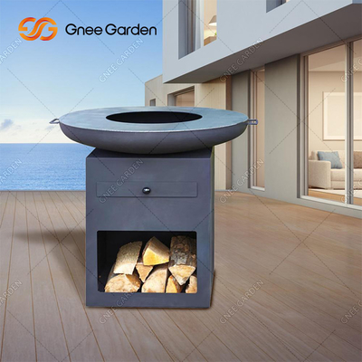 Sân sau Sân ngoài trời Nấu ăn ngoài trời Hố lửa bằng thép Corten gỉ với kho chứa gỗ lớn