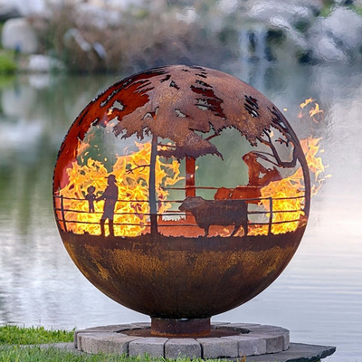 Hố lửa bằng thép hình quả cầu Corten trang trí 900mm được làm thủ công