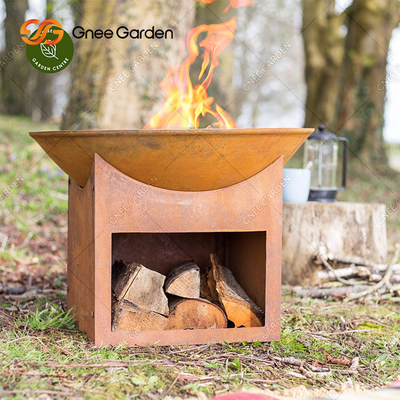 Vòng ngoài trời Vườn gỗ Đốt Corten Thép Hố 3mm với kho chứa gỗ