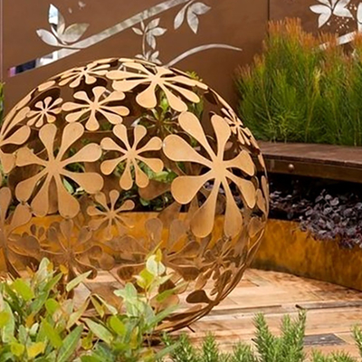 Trừu tượng Hollow Out Sphere Corten Thép Điêu khắc Tượng nghệ thuật bằng kim loại